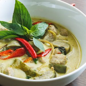 Curry vert ou rouge aux crevettes, riz jasmin